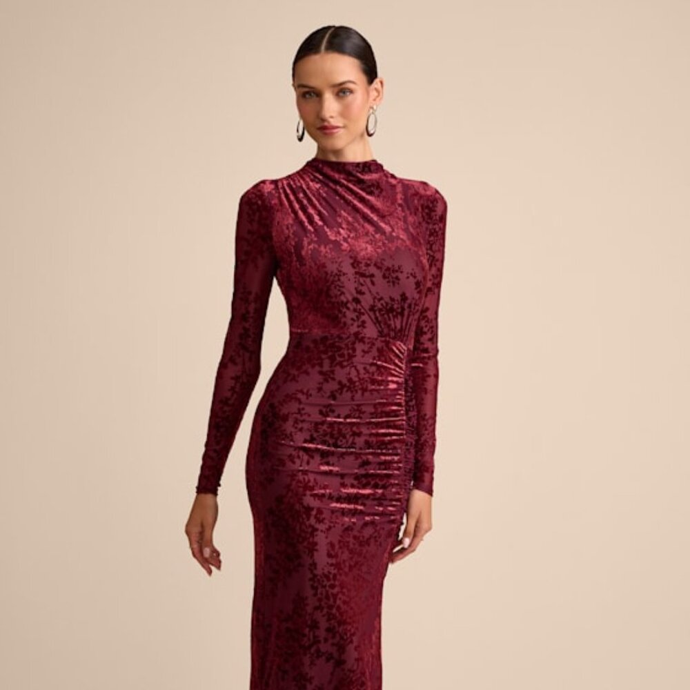 Lulus Neilina Burgundy Velvet Jacquard Mock Neck Maxi Dress Red - Size XS
